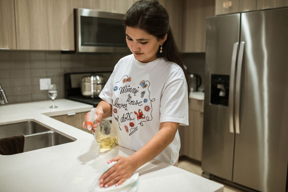 Detailed deep cleaning of a kitchen counter